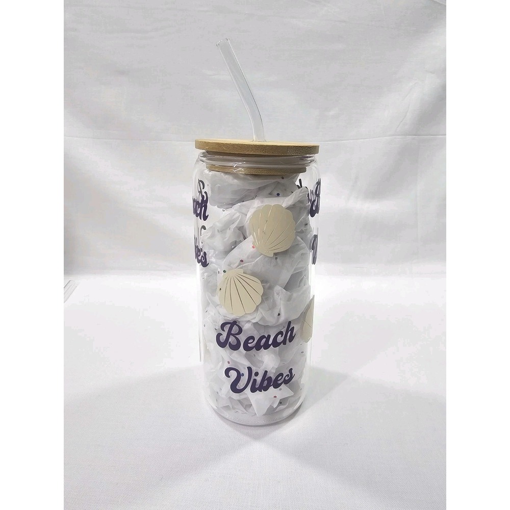 Glass Tumbler 20 oz Blue Beach Vibes With Seashells Bamboo Lid And‎ Glass Straw